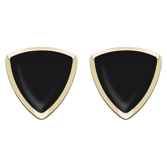9ct Yellow Gold Whitby Jet Curved Triangle Stud Earrings. E203.