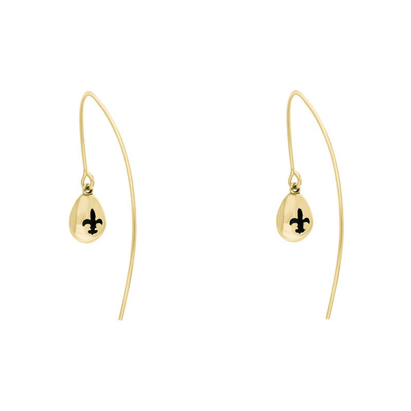 9ct Yellow Gold Whitby Jet Fleur De Lis Disc Drop Earrings, E1373.