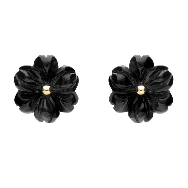 9ct Yellow Gold Whitby Jet Large Carved Flower Stud Earrings E1323
