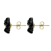 9ct Yellow Gold Whitby Jet Large Carved Flower Stud Earrings E1323