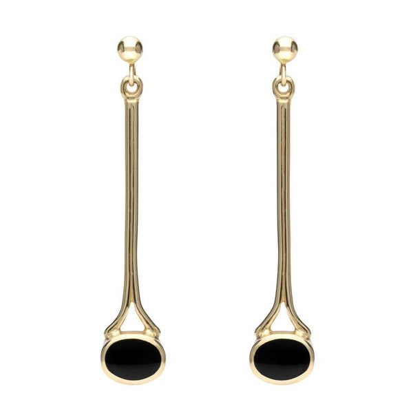 9ct Yellow Gold Whitby Jet Long Drop Earrings E094