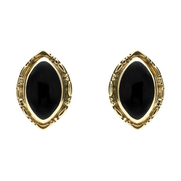 9ct Yellow Gold Whitby Jet Marquise Beaded Edge Stud Earrings. E136. 