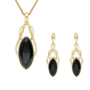 9ct Yellow Gold Whitby Jet Marquise Celtic Twist Two Piece Set S056