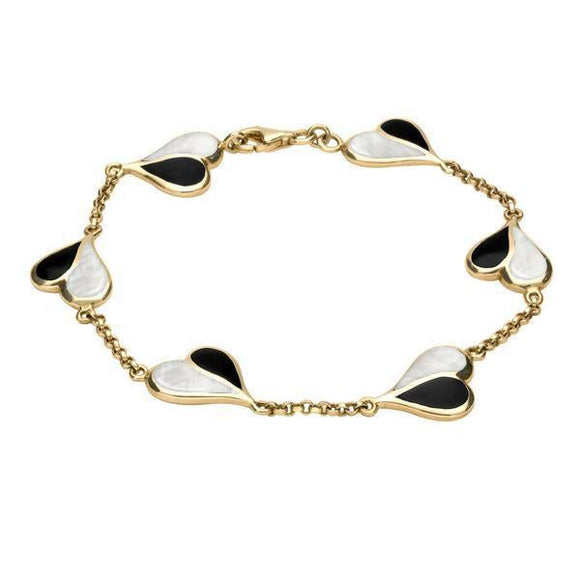 9ct Yellow Gold Whitby Jet Mother of Pearl Split Heart Bracelet. B360.