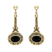9ct Yellow Gold Whitby Jet Ornate Antique Oval Drop Earrings. E053. 
