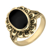 9ct Yellow Gold Whitby Jet Oval Antique Frame Ring. R111.