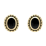 9ct Yellow Gold Whitby Jet Oval Bobble Edge Stud Earrings. E135. 