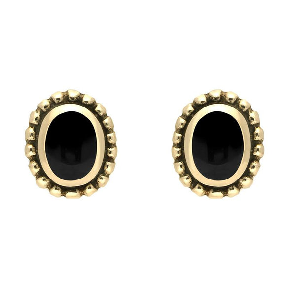9ct Yellow Gold Whitby Jet Oval Bobble Edge Stud Earrings. E135. 
