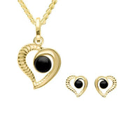 9ct Yellow Gold Whitby Jet Ridged Heart Two Piece Set S021