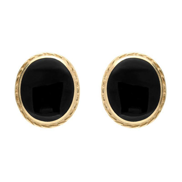 9ct Yellow Gold Whitby Jet Rope Edge Oval Stud Earrings. E023. 
