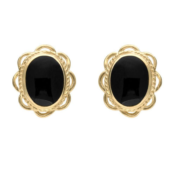 9ct Yellow Gold Whitby Jet Rope Frill Edge Oval Stud Earrings E009