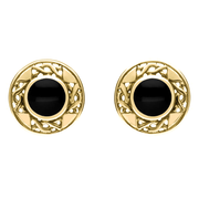 9ct Yellow Gold Whitby Jet Round Celtic Stud Earrings. E149.