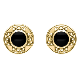9ct Yellow Gold Whitby Jet Round Celtic Stud Earrings. E149.