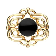 9ct Yellow Gold Whitby Jet Round Fancy Brooch. M114.