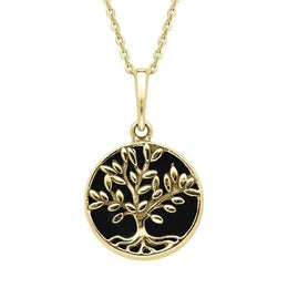 9ct Yellow Gold Whitby Jet Round Large Leaves Tree of Life Two Piece Set S062