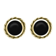 9ct Yellow Gold Whitby Jet Round Twist Edge Stud Earrings. E134.