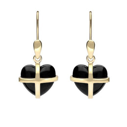 9ct Yellow Gold Whitby Jet Small Cross Heart Drop Earrings E1287