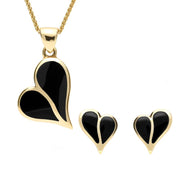 9ct Yellow Gold Whitby Jet Split Heart Two Piece Set, S053.