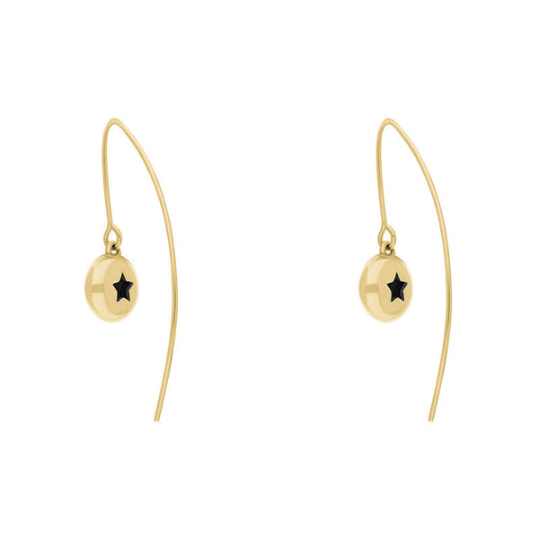 9ct Yellow Gold Whitby Jet Star Disc Drop Earrings, E1371.