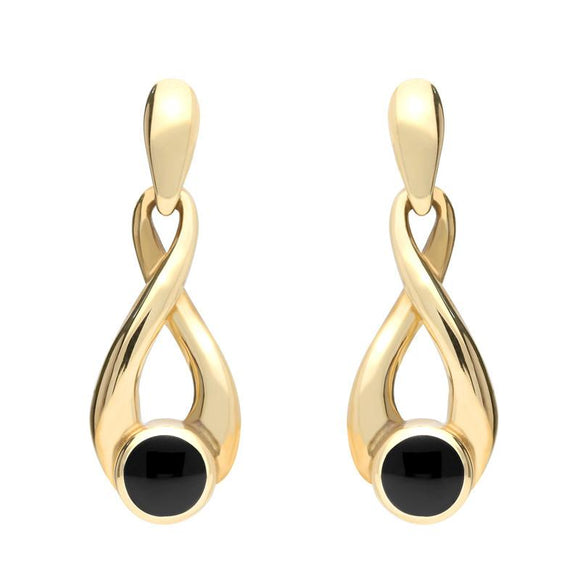 9ct Yellow Gold Whitby Jet Eternity Loop Drop Earrings. E074. 