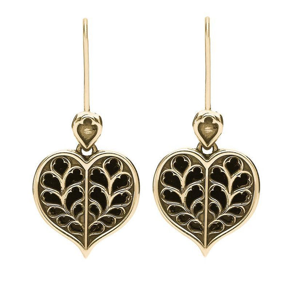 9ct Yellow Gold Whitby Jet York Minster Heart Hook Earrings. E2385.