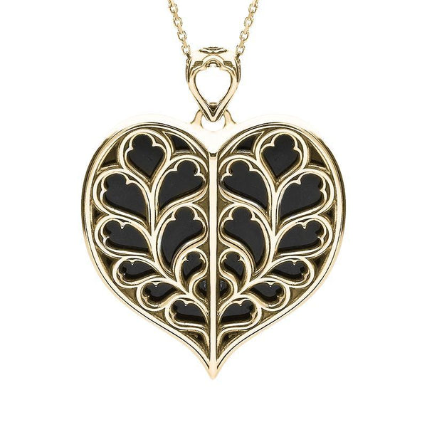 9ct Yellow Gold Whitby Jet York Minster Medium Heart Necklace. P3252.