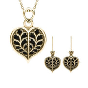 9ct Yellow Gold Whitby Jet York Minster Small Heart Two Piece Set