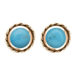 9ct Rose Gold Turquoise Round Twist Edge Stud Earrings. E134.