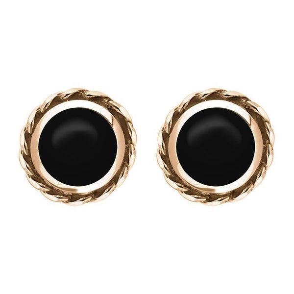 9ct Rose Gold Whitby Jet Round Twist Edge Stud Earrings. E134.