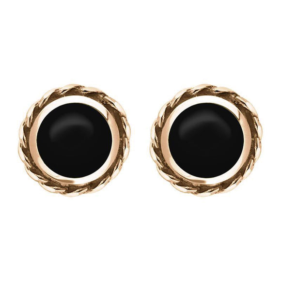 9ct Rose Gold Whitby Jet Round Twist Edge Stud Earrings. E134.