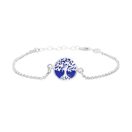 Sterling Silver Lapis Lazuli Round Tree of Life Chain Bracelet