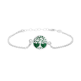 Sterling Silver Malachite Round Tree of Life Chain Bracelet