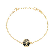 9ct Yellow Gold Whitby Jet Round Tree of Life Chain Bracelet