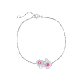 Sterling Silver Pearl & Pink Sapphire Double Cherry Blossom Flower Bracelet