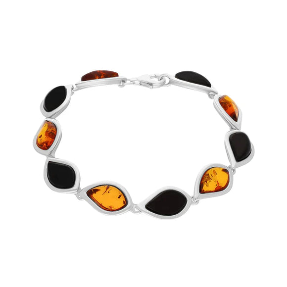 Sterling Silver Whitby Jet Amber Ten Stone Small Leaf Bracelet