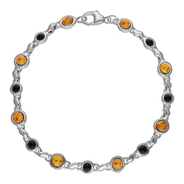 Sterling Silver Whitby Jet Amber Alternating Round Bead Bracelet