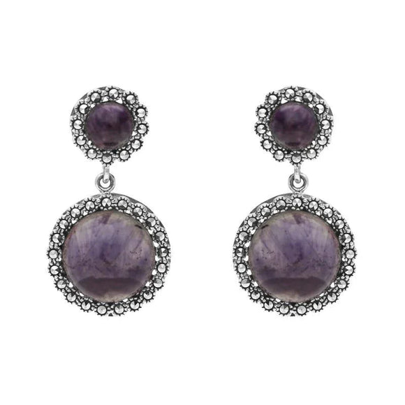 00110890 C W Sellors Sterling Silver Blue John Marcasite Round Double Drop Earrings, E1641.