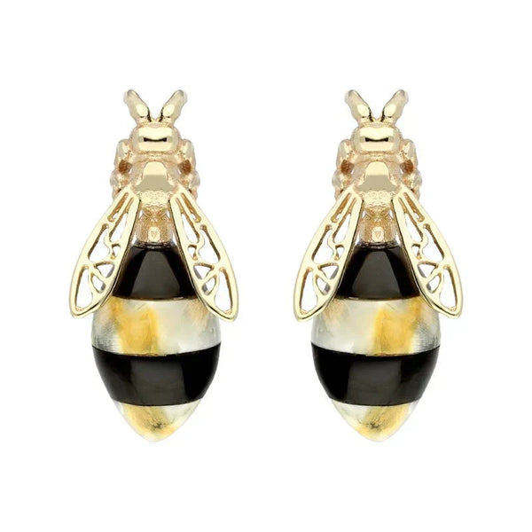 00179075 9ct Yellow Gold Whitby Jet Amber Bee Stud Earrings, E2424.