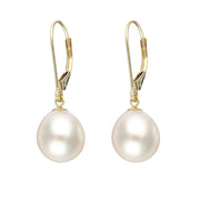 00177902 18ct Yellow Gold White Pearl 9mm Lever Back Drop Earrings, E2518.