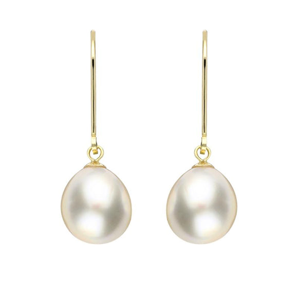 00177902 18ct Yellow Gold White Pearl 9mm Lever Back Drop Earrings, E2518.