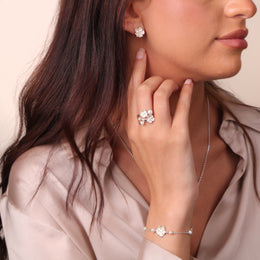 Sterling Silver White Enamel Diamond Flower Studs Earrings