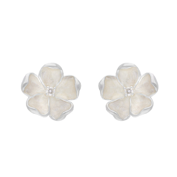 Sterling Silver White Enamel Diamond Flower Studs Earrings