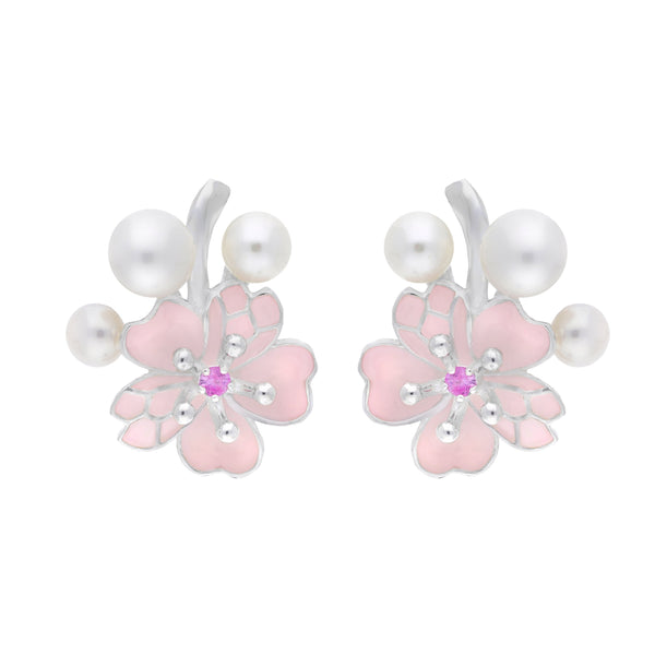 Sterling Silver Pearl and Pink Sapphire Cherry Blossom Stud Earrings