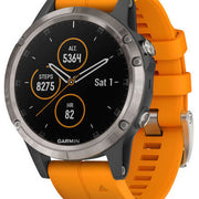 Garmin Watch Fenix 5 Plus Sapphire Titanium Orange Silicone Band 010-01988-05