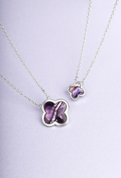 Sterling Silver  Blue John Bloom Large Four Leaf Clover Polished Edge Necklace