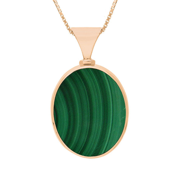 9ct Rose Gold Whitby Jet Malachite Hallmark Double Sided Oval Necklace, P147_FH