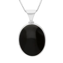 9ct White Gold Whitby Jet Mother of Pearl Hallmark Double Sided Oval Necklace