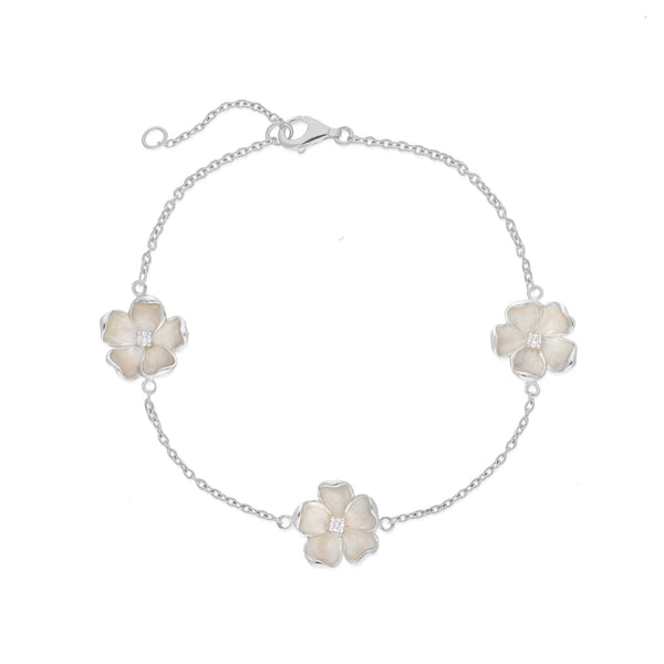 Sterling Silver White Enamel Diamond Three Flower Bracelet