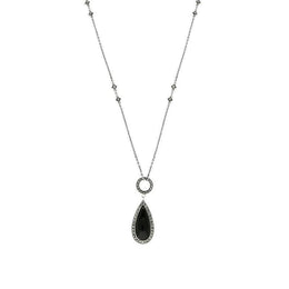 Sterling Silver Whitby Jet Marcasite Pear Drop T-Bar Necklace, N914.