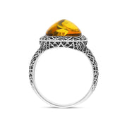 Sterling Silver Cognac Amber Basket Weave Edge Pear Ring, R1207_C